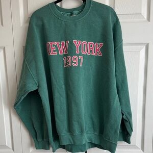 Anthropologie Teal Oversized Crewneck Sweatshirt with Pink Print